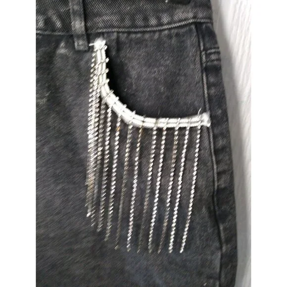 Cloud Ten Rhinestone Cuffed Shorts Juniors M Charcoal Black Rhinestone Strands - Picture 2 of 6